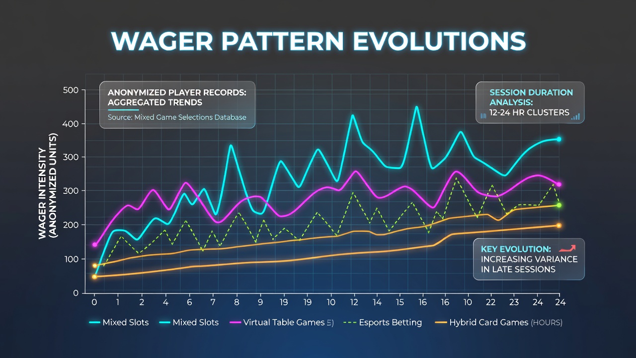 Visualization of wager pattern shifts across extended virtual gaming sessions using anonymized mixed-game data