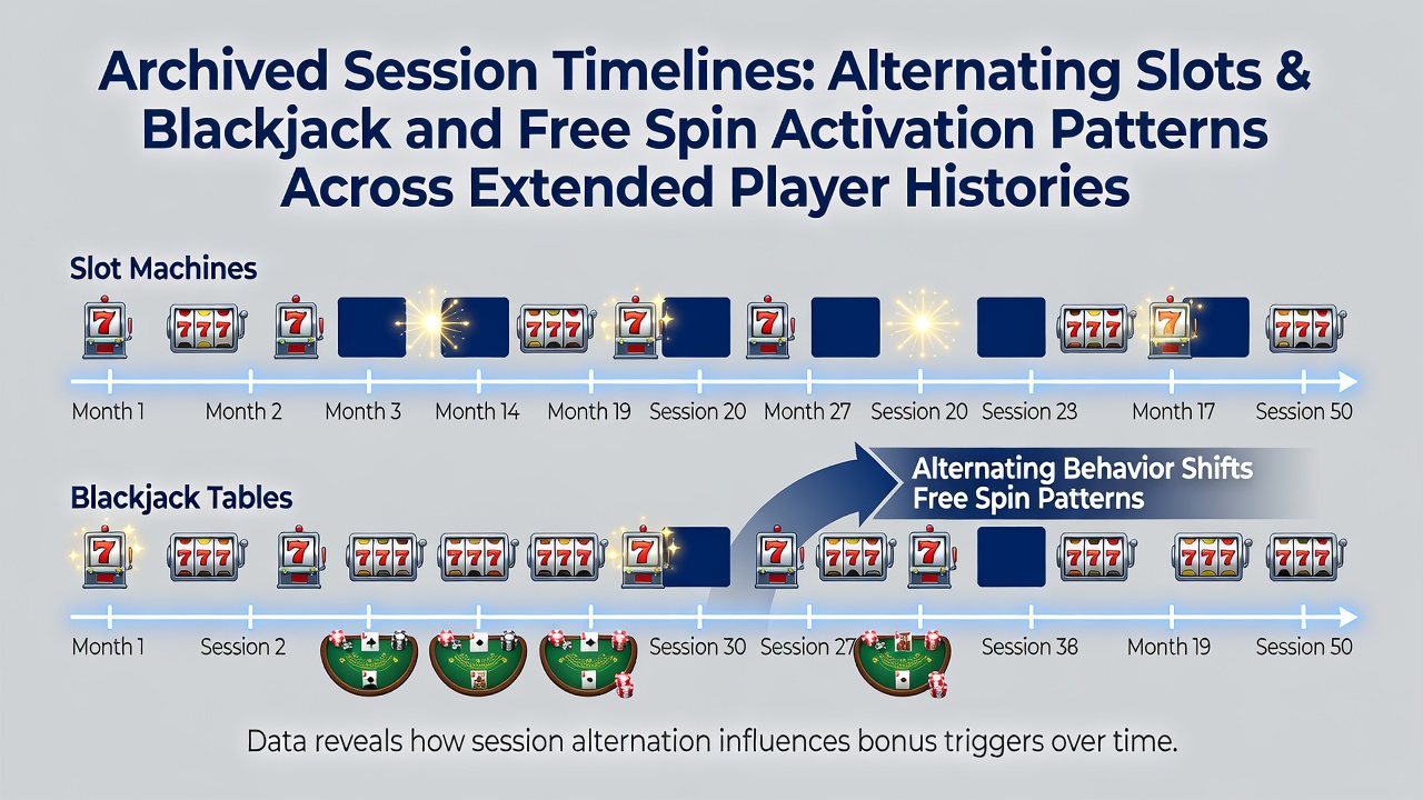 Visual representation of archived gaming session timelines tracking slot and blackjack alternations over multiple player histories