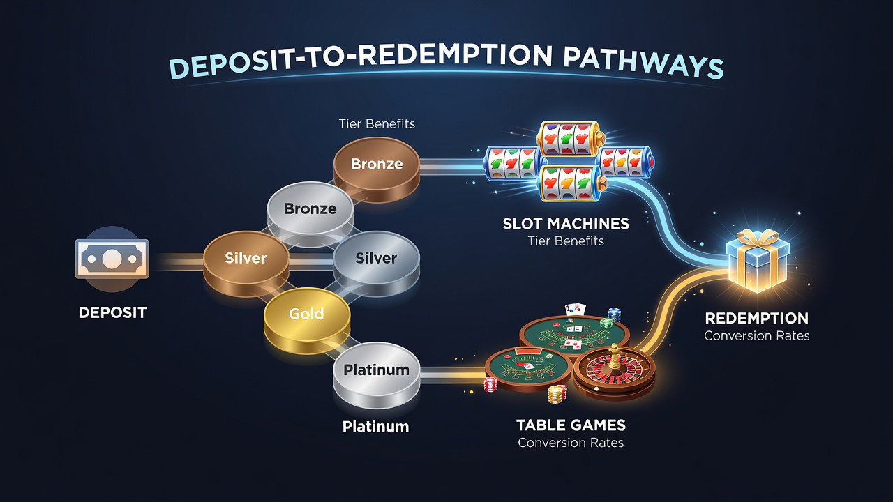 Player redeeming loyalty points at a casino rewards desk with slot and table game visuals in background