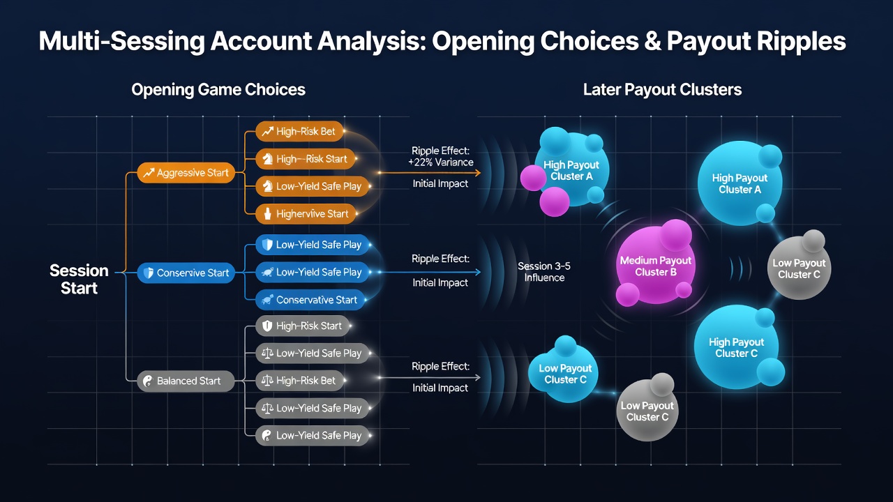 Graph illustrating payout cluster timing linked to different opening game types in extended sessions