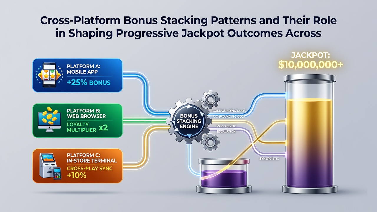 Data visualization of progressive jackpot contributions from stacked bonuses in multi-platform sessions
