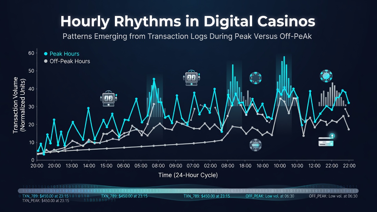 Analytics dashboard highlighting peak versus off-peak casino transaction volumes over a 24-hour cycle