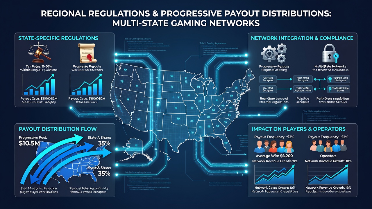 Infographic detailing regulatory layers and payout flow between connected state gaming systems