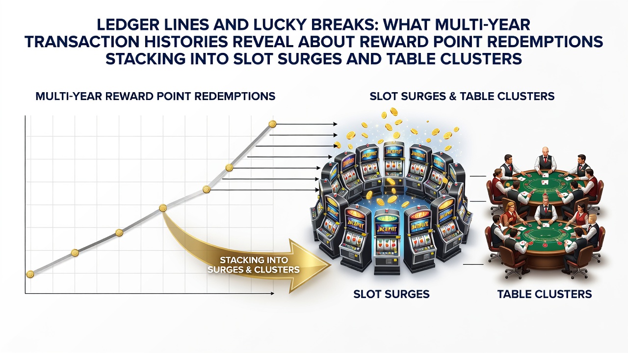 Multi-year casino transaction ledgers showing reward point redemptions leading to slot surges and table game clusters