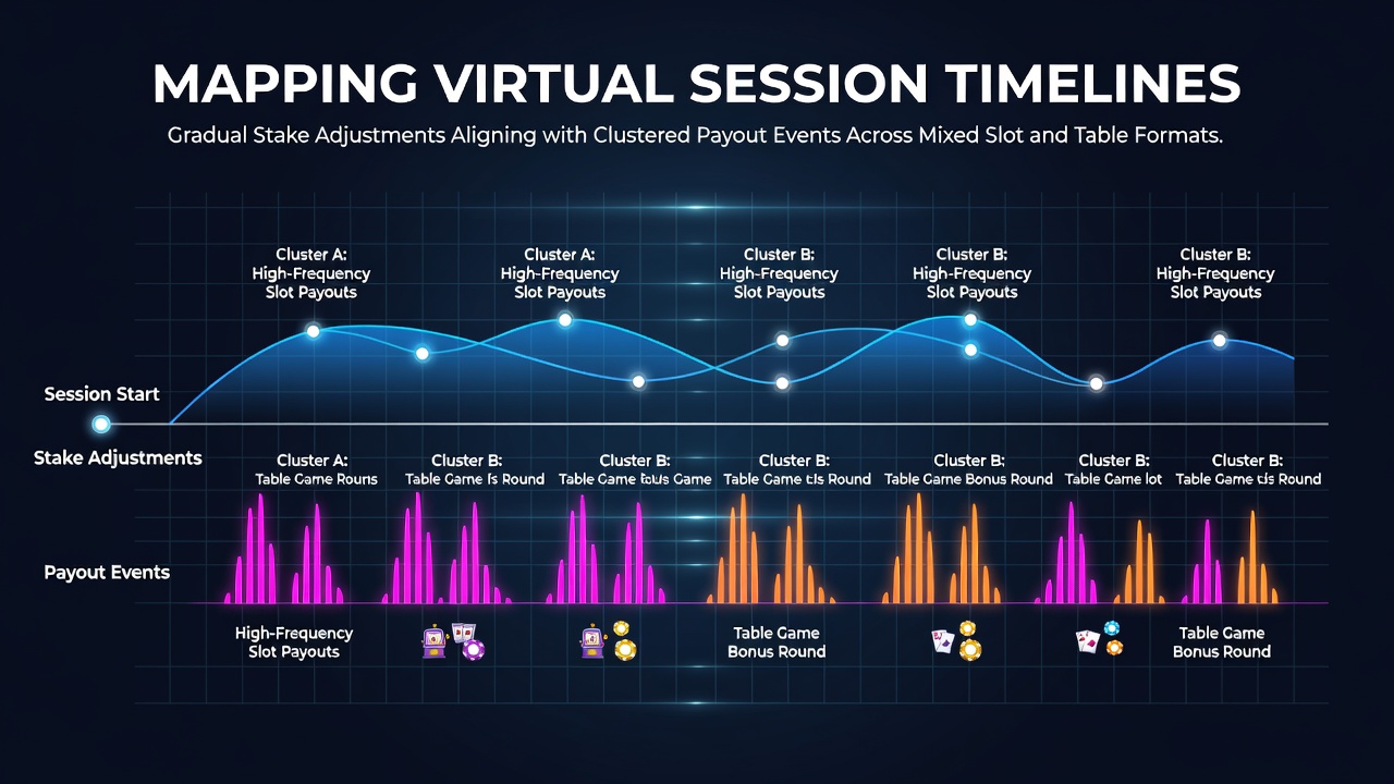 Detailed timeline visualization of virtual casino sessions displaying gradual stake changes aligned with clustered payout events in slots and table games