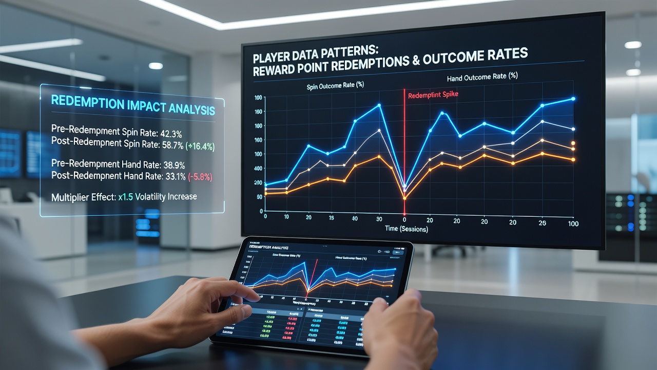 Graphs displaying hand outcome frequencies and redemption timing across table game sessions