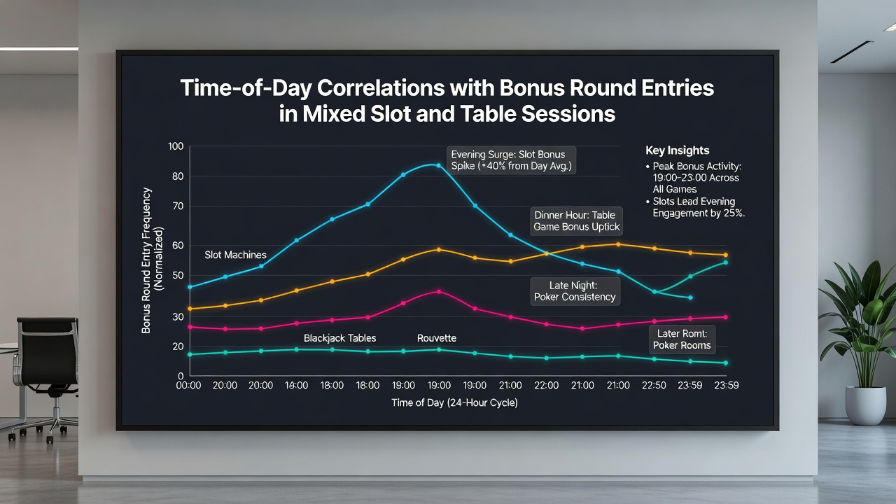Detailed view of digital slot interface next to blackjack table during evening hours with bonus indicators highlighted